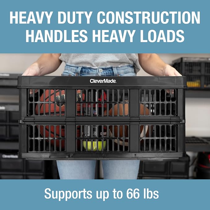 CleverMade Collapsible Utility Crates, Obsidian, 3 Pack, 45L/11 Gal, 66 lbs Capacity, Stackable Containers, Heavy Duty, Space-Saving Baskets,Polypropylene (PP)