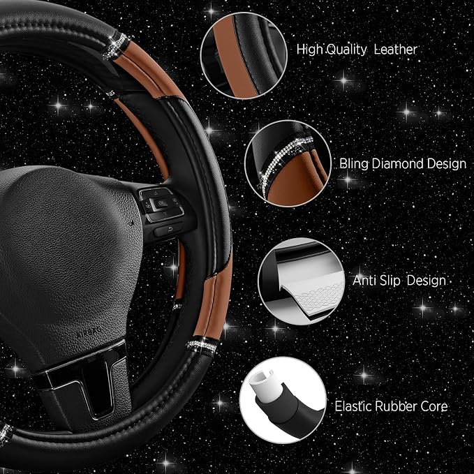 Road Comforts Leather Steering Wheel Cover - Made with PVC Leather Bling Design - Anti-Slip Wheel Cover Universal Fit Most 14 1/2 inches to 15 inches - Brown Color