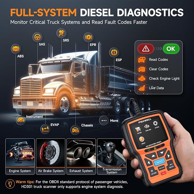 FOXWELL HD301 Heavy Duty Truck Scanner, Full System Diesel Scan Tool with 6/9/16 Pin, 2 in 1 Code Reader for Trucks & Car Engine, Diesel Diagnostic Tool for Cummins, Paccar, Caterpillar