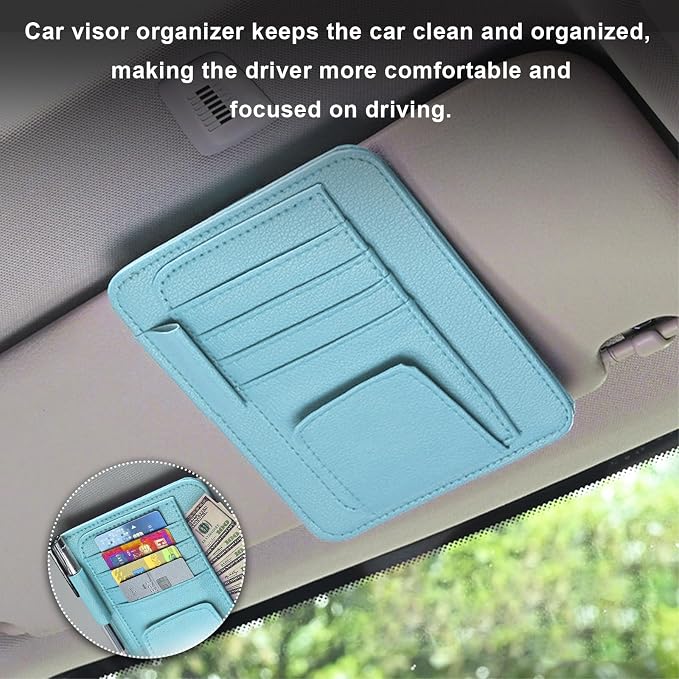 Dickno 2PCS Small Leather Car Sun Visor Organizer, Multifunctional Auto Visor Document Holder with Sunglasses Clip, Universal Car Interior Organizer for Drving License, Card, Pen (Blue)