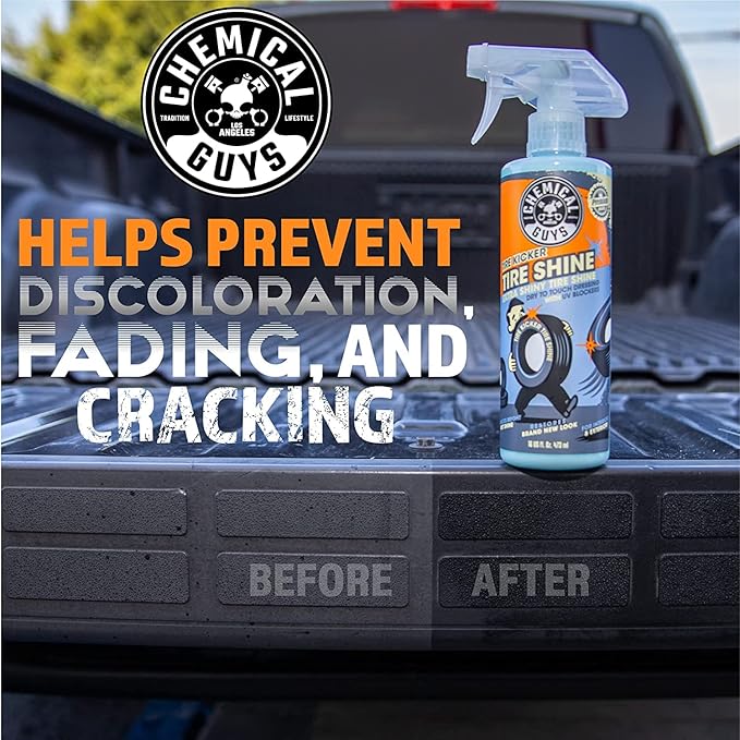 Chemical Guys Tire Kicker Sprayable Extra Glossy Tire Shine, 16 Fl Oz | With Wonder Wave applicator for cars, trucks, and SUVs, sprayable water-based tire dressing and applicator kit