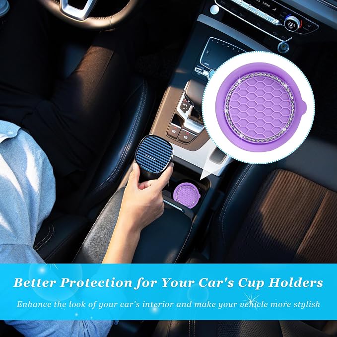 Ziciner 4 PCS Car Cup Coaster Holders, 3.15 Inch Silicone Anti-Slip Auto Insert Coaster, Crystal Rhinestone Car Drink Cup Mat, Universal Durable Auto Interior Accessories (Purple, 4Pack)