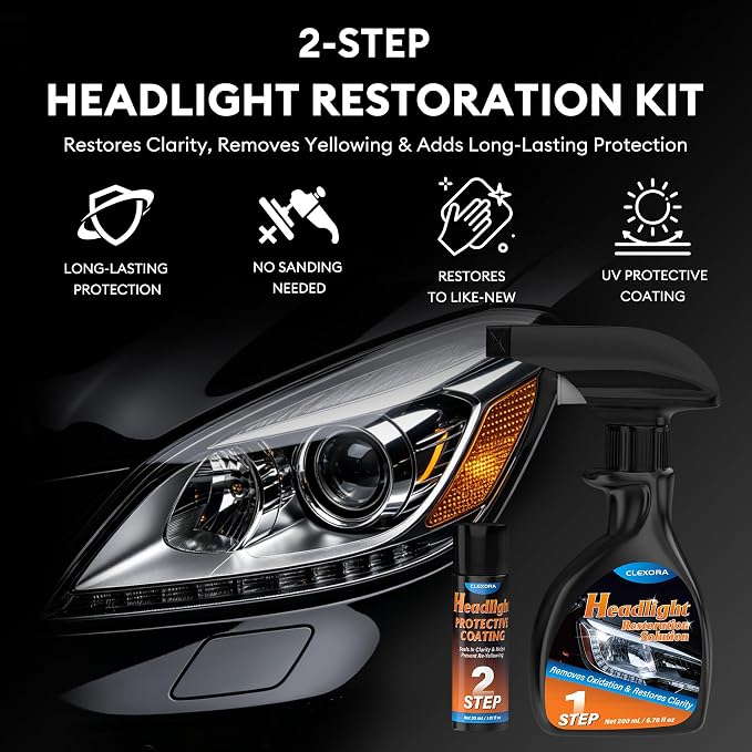 Headlight Restoration Kit, Complete DIY Car Headlight Cleaner, Restorer and Polish for Yellowing & Oxidation, Restores Like-New Clarity with UV Clear Coat and Accessories