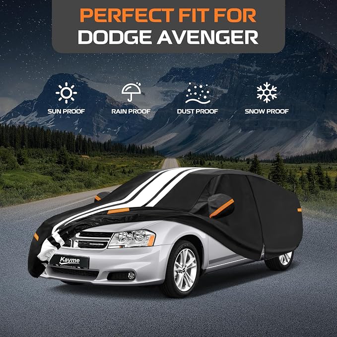 Kayme Heavy Duty Car Cover Custom Fit for Dodge Avenger (1994-2015) Waterproof All Weather for Automobiles, Gift with Tape/Towel, Outdoor Full Exterior Cover Rain Snow Sun UV Protection.