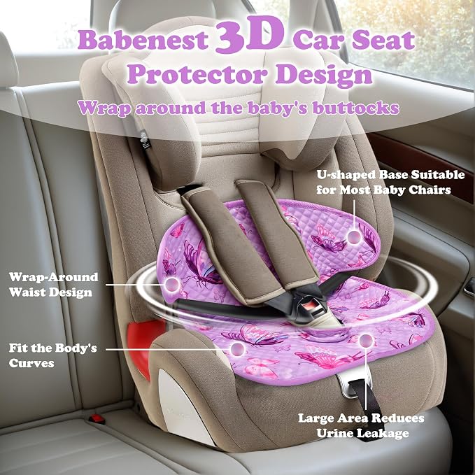 Babenest Car Seat Potty Protector Cover -Waterproof Carseat Training Liner for Baby &Toddler Shower Gift, Dry Piddle Pee Pad with Fun Designs for Strollers & Infant Car Seats (2pcs, Butterfly-Purple)