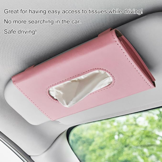 Car Visor Tissue Holder, Leather Auto Paper Towel Case Sun Visor Napkin Dispenser with 1 Pack Tissues, Rectangular Backseat Paper Towel Storage Holder for Most Vehicles (Pink)