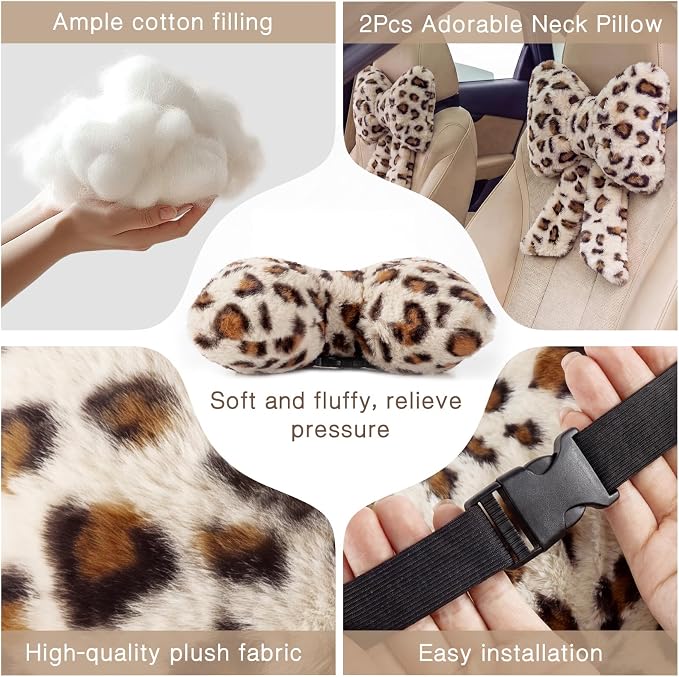 Macarrie 2 Pcs Car Neck Pillow Plush Butterfly Bow Car Headrest Pillow Comfortable Seat Neck Support Cute Head Rest Accessories for Driving Travel Driver Chair Girl Interior Decor(Gray,Leopard)