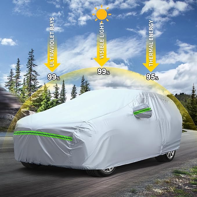 Full Car Cover Universal 6 Layers Outdoor Thicked All Weather Cover, Sunshield, Waterproof, Snow Proof, UV Proof, Scratch Proof, Bird Droppings, 6 Reflective Strips, Fits SUVs up 191"-200"
