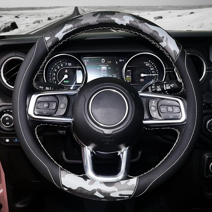 KAFEEK Army Camo Steering Wheel Cover, Universal 15 inch, Breathable PU Leather, Comfort Grip, Durable Steering Wheel Accessories for Car Truck SUV, Anti Slip, Black