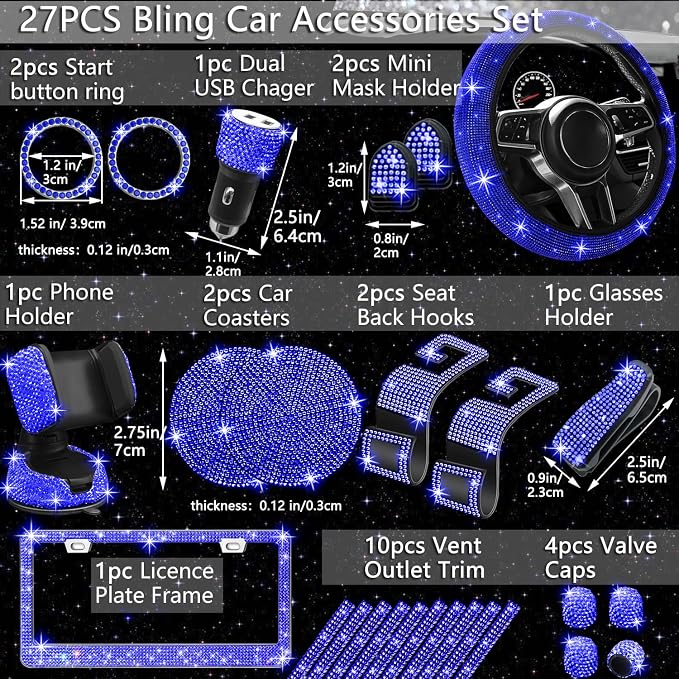 NBTEPEM 27 PCs Blue Bling Car Accessories Set for Women, Steering Wheel Covers Universal Fit 15 Inch, Bling License Plate Frame, Bling Phone Holder, Bling Car Coasters (Blue Diamond)