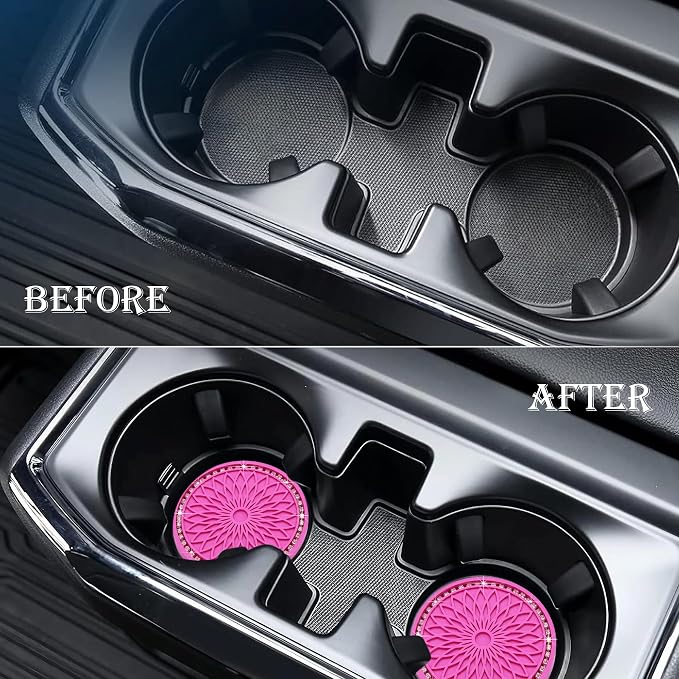 2PCS Bling Car Cup Holder Coasters, 2.75 Inch Silicone Anti-Slip Insert, Bling Shockproof Cup Mat for Women Girls, Universal Fit for Most Vehicles (Rose Red & White)