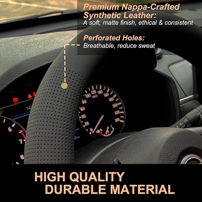 PINCTROT D Shaped Nappa Leather Steering Wheel Cover, Slim Fit No Bulk Design, One Piece Leather with Breathable Perforation, Fit Like Gloves, Flat Bottom 14.5-15 Inch(Nappa Black)