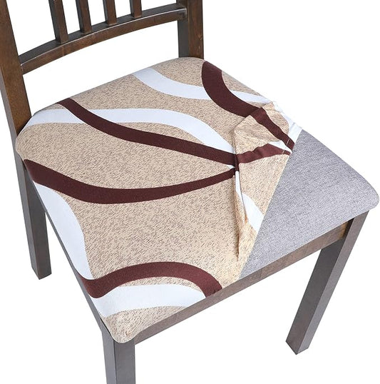 SearchI Seat Covers for Dining Room Chairs Stretch Printed Chair Seat Covers Set of 6, Removable Washable Upholstered Chair Seat Protector Cushion Slipcovers for Kitchen, Office(Beige)
