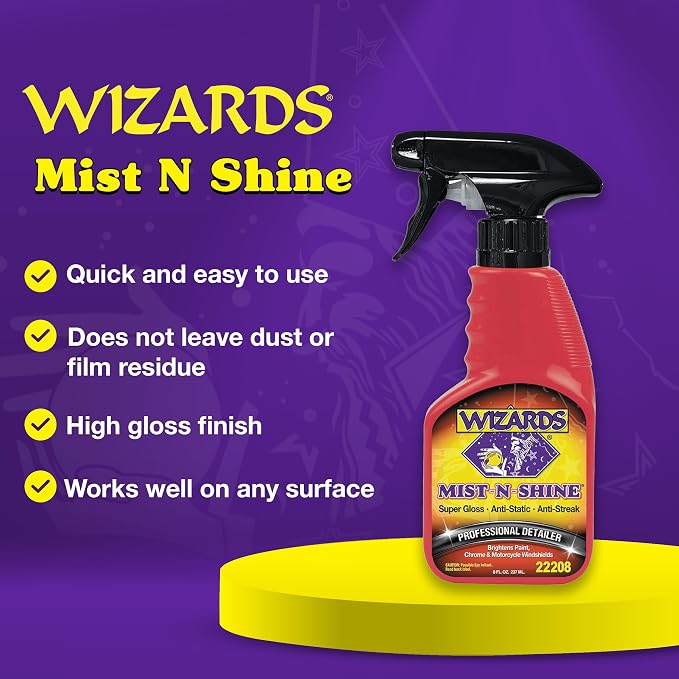 Wizards Mist-N-Shine Quick Detailer Spray - Waterless Wash - 8 oz | Anti-Static Formula for Paint, Chrome, Glass, Plastic, and Rubber Trim, Wax-Free, No Petroleum Solvents, Cars, Bikes, Boats