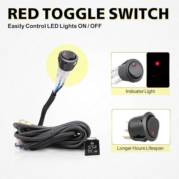 AKD LED Light Bar Wiring Harness Kit - 12V 40A Relay Fuse Rock Switch for Offroad Driving Lights - Nylon Harness for Truck Pickup ATV UTV SUV Boat