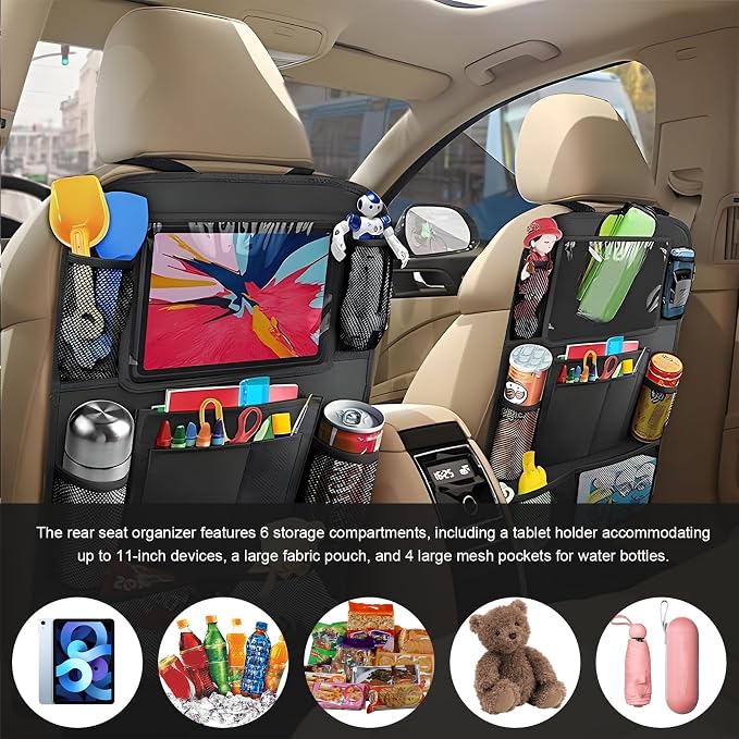 Car Seat Back Organizer, Auto Multi-Pockets Backseat Storage Bag with Tablet Holder, Waterproof Oxford Cloth Seat Back Protector Kick Mat for Most Vehicles, Car Accessories (Style B)