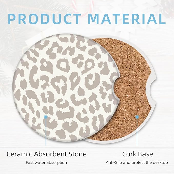 2 Pack Car Coasters for Cup Holders, 2.56" Universal Absorbent Ceramic Stone Car Cup Holder Coasters with Non-Slip Cork Base,Car Interior Accessories for Women Men(Beige Leopard Cheetah Print)
