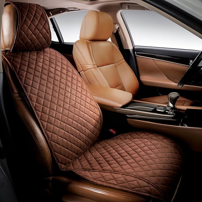 IVICY Faux Suede Front Car Seat Cover – Non-Slip Bucket Seat Protector for Most Cars, SUVs, Vans & Trucks – 1 Seat Cover, Machine Washable, Side-Airbag Friendly, Brown