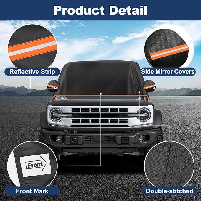 QUNSUNUS Bronco Cover 4 Door Cab Cover All Years,Waterproof Bronco Cab Cover with Cotton Liner, All Weather Half Car Rain Cover with Adjustable Straps and Zipper for Wind, Sun, UV and Dust Protection