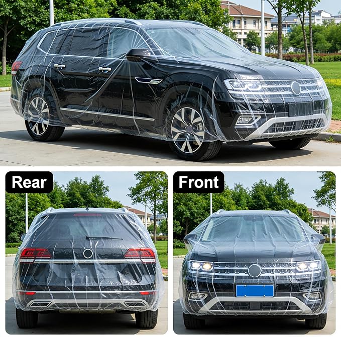 3 Pack Universal Plastic Car Cover, 12. 5 x 21. 7 ft Disposable Clear Waterproof Full Exterior Cover with Elastic Band for Automobiles Sedan Outdoor Snow Rain Weather