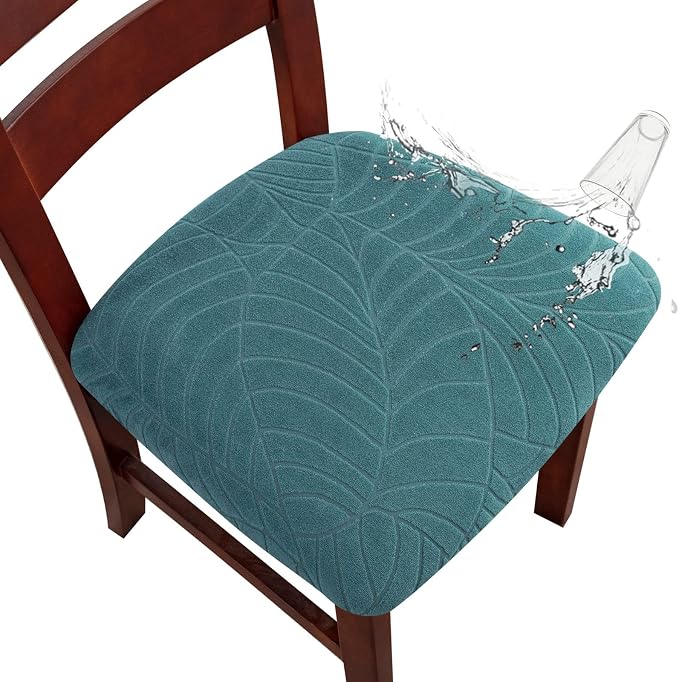 Genina Waterproof Seat Covers for Dining Room Chairs, Stretch Chair Covers Removable Washable Dinning Room Kitchen Chair Seat Cushion Slipcovers (Leaves-Peacock Blue, 2 PCS)