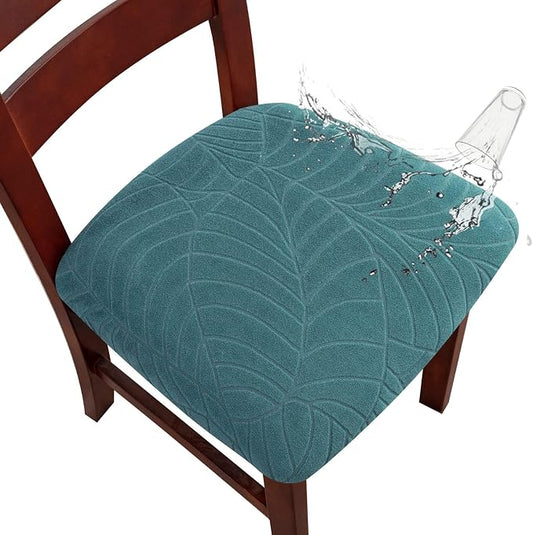 Genina Waterproof Seat Covers for Dining Room Chairs, Stretch Chair Covers Removable Washable Dinning Room Kitchen Chair Seat Cushion Slipcovers (Leaves-Peacock Blue, 2 PCS)