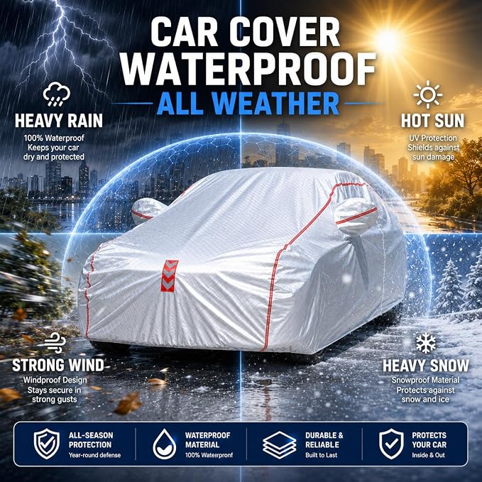Car Cover for Sedan, Waterproof All Weather Heavy Duty, 360° Underbody Wrap Windproof Design, Quick Install Outdoor Vehicle Cover, Fits 194-208 in