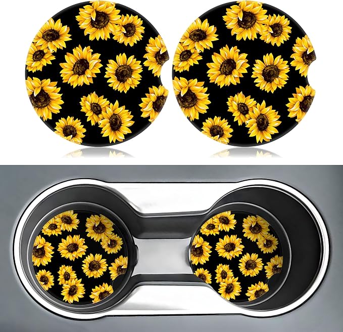 Sunflower Car Coasters for Cup Holders,2 Pack Car Cup Holder Coasters for Car,Ceramic Absorbent Car Coaster with A Finger Notch and Cork Base,Car Interior Accessories for Women Men