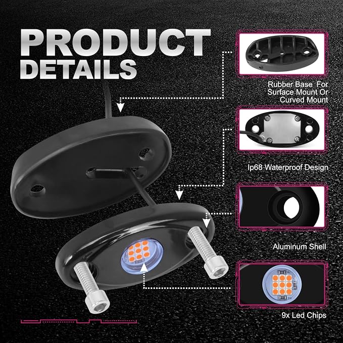 12 Pods Red LED Rock Lights Neon Underglow Light for Car Truck ATV SUV | Under Body Glow Light Trail Fender Lighting