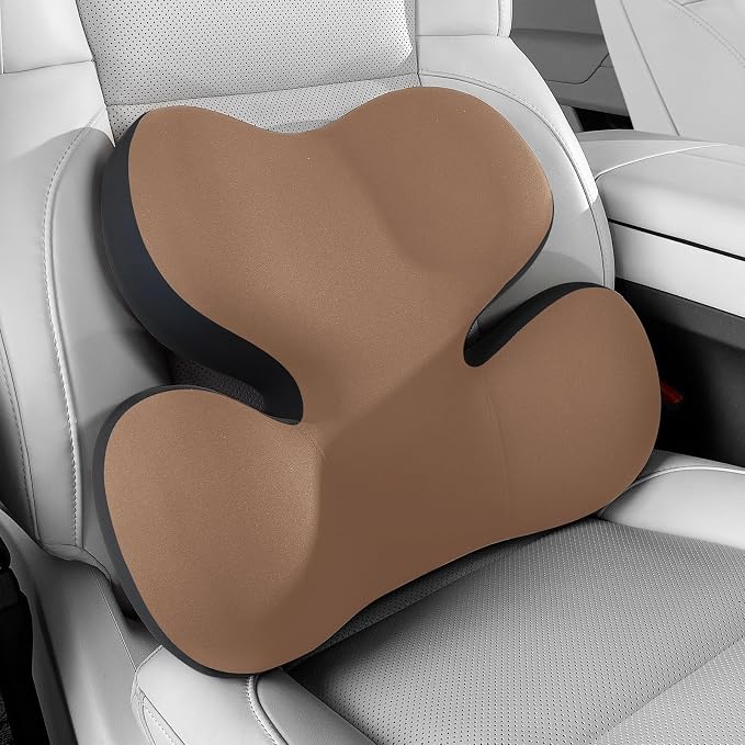 BEBAS Ergonomic Memory Foam Lumbar Support Pillow for Car, Coffee | Zoned Pressure Relief for Back Support, Lumbar Cushion with Fixed Ring, Breathable Washable Cover, Fits for Driving & Office