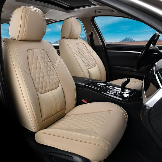 Coverado Seat Covers, Car Front Seat Covers with Backrest, Nappa Leather Car Seat Protectors,Waterproof &Breathable,Anti-Slip Automotive Seat Cushion, Universal Fit for Most Vehicles,2Pcs Beige