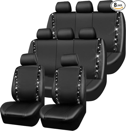 CAR PASS Bling Diamond Car Seat Covers,Shining Rhinestones Waterproof Faux Leather, 8 Seats 3 Rows with Zipper Glitter Crystal Sparkle Strips Universal Fit 95% MPV,SUV,CAR for Women Girl, Black