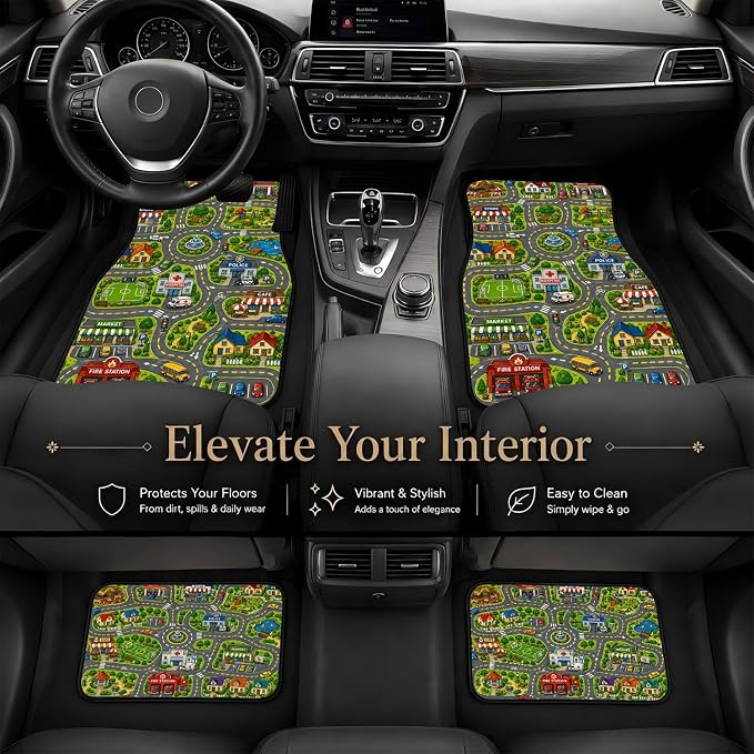 City Road Car Floor Mats Set of 4 Child Playmat Traffic Town Car Accessories Foot Mats Rugs, Non-Slip,Decor for Universal Fit for Suvs Sedans Trucks Cars Auto Floor Carpets Rugs All-Weather
