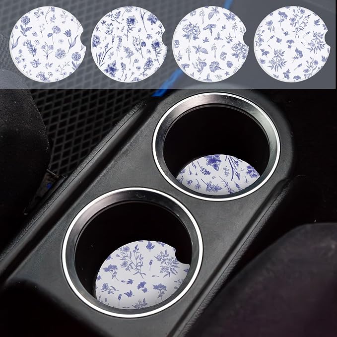 Boao 4 Pcs Vintage Blue Flower Car Cupholder Coasters for Valentine's Day, Ceramic Coasters 2.56'' Anti Slip Base with Finger Notch for Dry Clean, Car Interior Accessories, Birthday Gifts