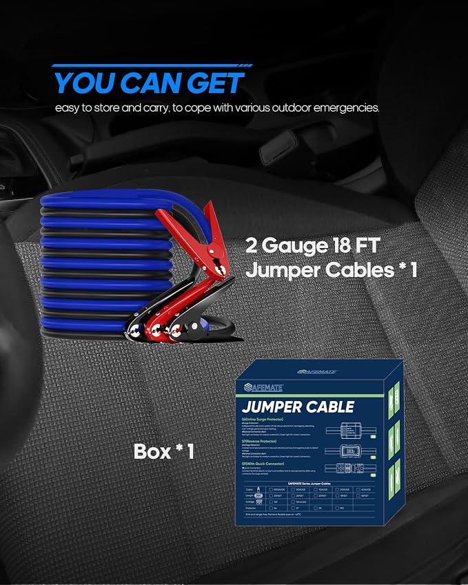 SAFEMATE 2 Gauge 18 feet Heavy Duty Jumper Cables - Automotive Booster Jumper Cables for Jump Starting Dead or Weak Batteries