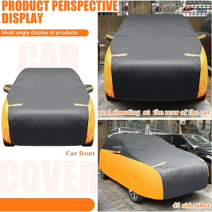 Riakrum Full Car Cover Waterproof All Weather for Automobiles Windproof Cover Rain UV Protection Sun Scratch Resistant Outdoor Universal(Fit Sedan Length (185-193'') 70'' H,Black, Orange)