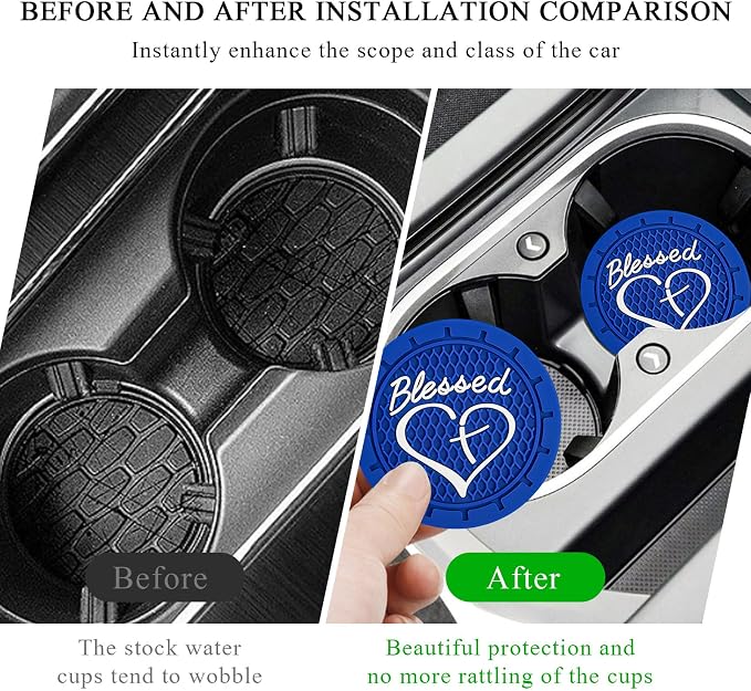 KVAEY 2 PCS Car Cup Holder Coasters, 2.76 Inch Anti Slip Vehicle Drink Mats with Cute Blessed Cross and Heart, Shockproof, Universal Car Accessories (Blue, 2 PCS)