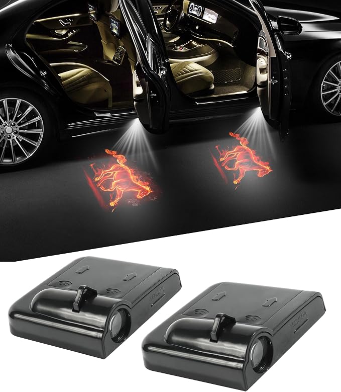 bylikeho 2Pcs Car Door Lights,Door Lights Logo Projector,Car Accessories HD Car Welcome Light,Door Sill Lights Wireless LED Door Paste Courtesy Light,Car Door Lights Logo (Fire Horse)