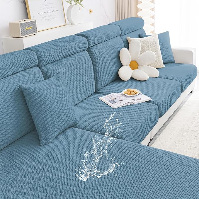 Smiry Waterproof Couch Cushion Covers, Stretch Jacquard Thick Sofa Cushion Covers, Washable Seat Slipcover Elastic Furniture Protector for Pets, Kid (Large, Blue)
