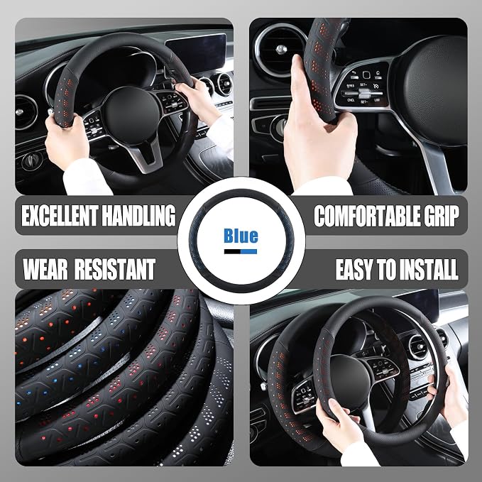 3D Slim Soft 14 inch Leather Steering Wheel Cover Black with Blue | Breathable Anti-Slip Premium Skin-Feel Perforated Thin Nappa Leather, Small 13.5 inch to 14 inch