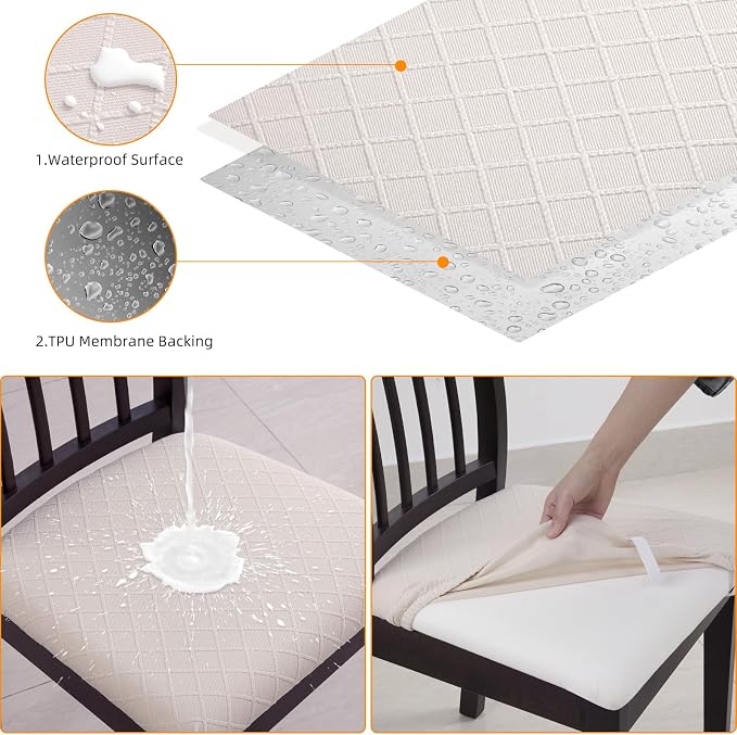 Fuloon Waterproof Seat Cushion Covers 6 PCS, Stretch Jacquard Chair Seat Covers Washable Dining Room Chair Slipcovers Removable Kitchen Cushion Protector (6, Waterproof-Pale Beige)