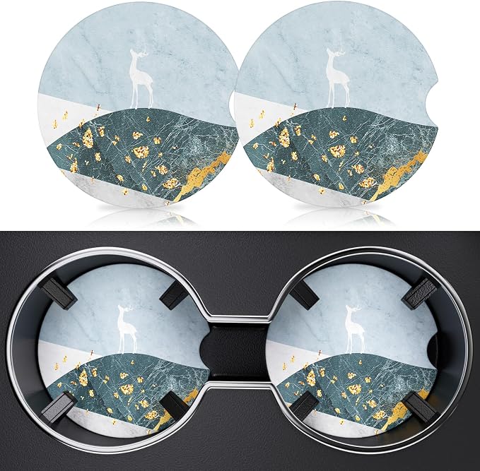 2 Pack Car Cup Holder Coasters, 2.63 inch Anti Slip Insert Absorbent Ceramic Coasters with Cork Base and Finger Notch, Cute Car Accessories for Women