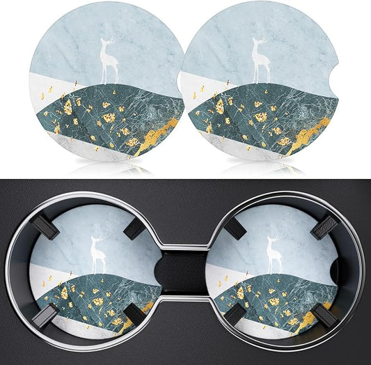 2 Pack Car Cup Holder Coasters, 2.63 inch Anti Slip Insert Absorbent Ceramic Coasters with Cork Base and Finger Notch, Cute Car Accessories for Women