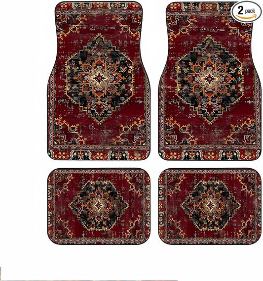 Universal Fit Car Floor Mats Set of 4Pcs,Bohemian Retro Yellow and Red All-Weather Front Rear Car Carpet Mats, Non-Slip Car Floor Mat Car Accessories for Automotive Trucks SUV Sedans Vans