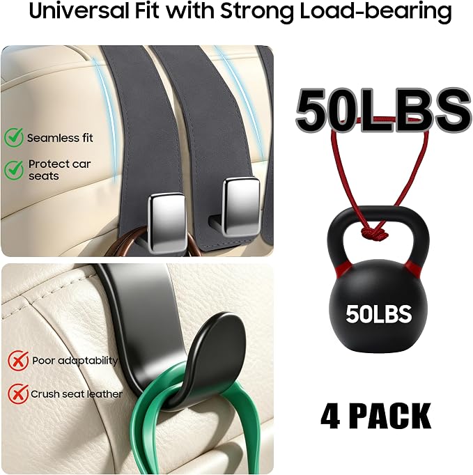 Amooca 4 Pack Car Headrest Hooks, Premium Suede with Metal Hook Car Seat Back Storage Hanger for Purses, Handbags，Grocery Bags - Gray