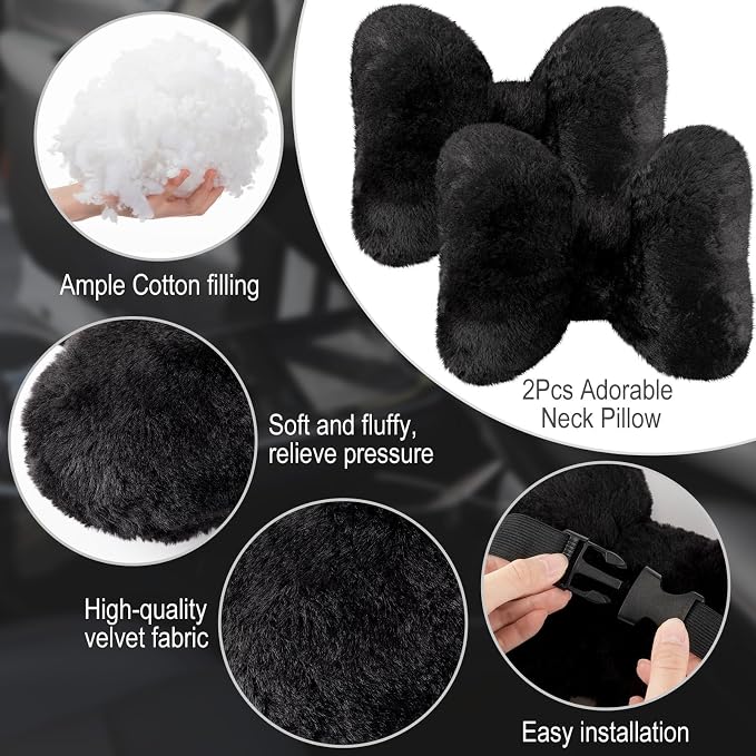 Macarrie 2 Pcs Black Car Neck Pillow Imitation Rabbit Fur Bow Pillow | Soft Comfortable Seat Headrest Support, Cute Bow Car Accessories, Driving Travel Driver Chair Girl Interior Decor, Solid