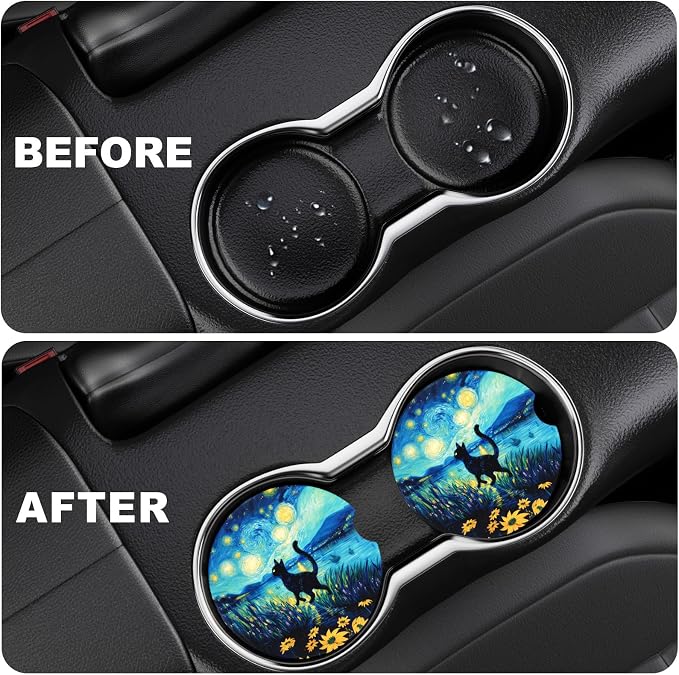 2 Pack Car Cup Holder Coaster, 2.63 inch Anti Slip Insert Absorbent Ceramic Car Coaster with Cork Base and Finger Notch, Cute Car Accessories Interior for Women, Cute Car Coasters.