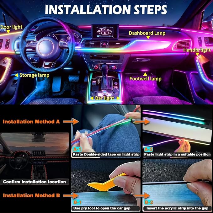 Interior Car LED Strip Lights, Acrylic LED Lights for Car with Dynamic Dreamcolor Chasing, Ambient Lighting Kits Music Sync Wireless APP and Remote Control (6 in 1) 175 inches 593 LEDs