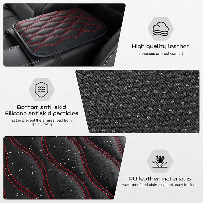 Amiss Car Center Console Cover, Upgraded Leather Car Armrest Cushion, Universal Waterproof Cushion Pad, Non-Slip Car Interior Accessories, Fits Most Sedans SUVs Trucks (Red Line)