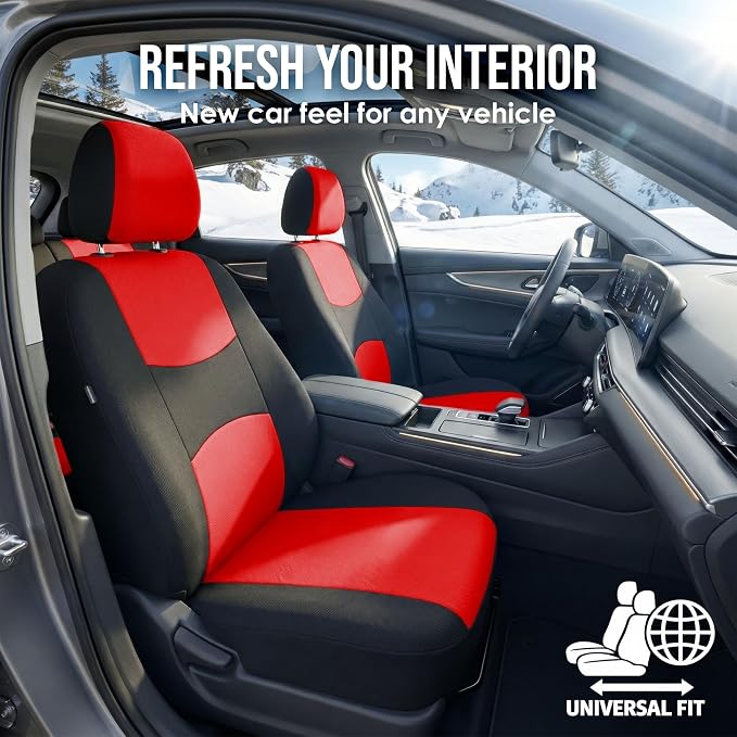 FH Group Car Seat Covers Full Set Cloth - Universal Fit Automotive Seat Covers, Low Back Front Seat Covers, Solid Back Seat Cover, Washable Car Seat Cover for SUV, Sedan and Van Red